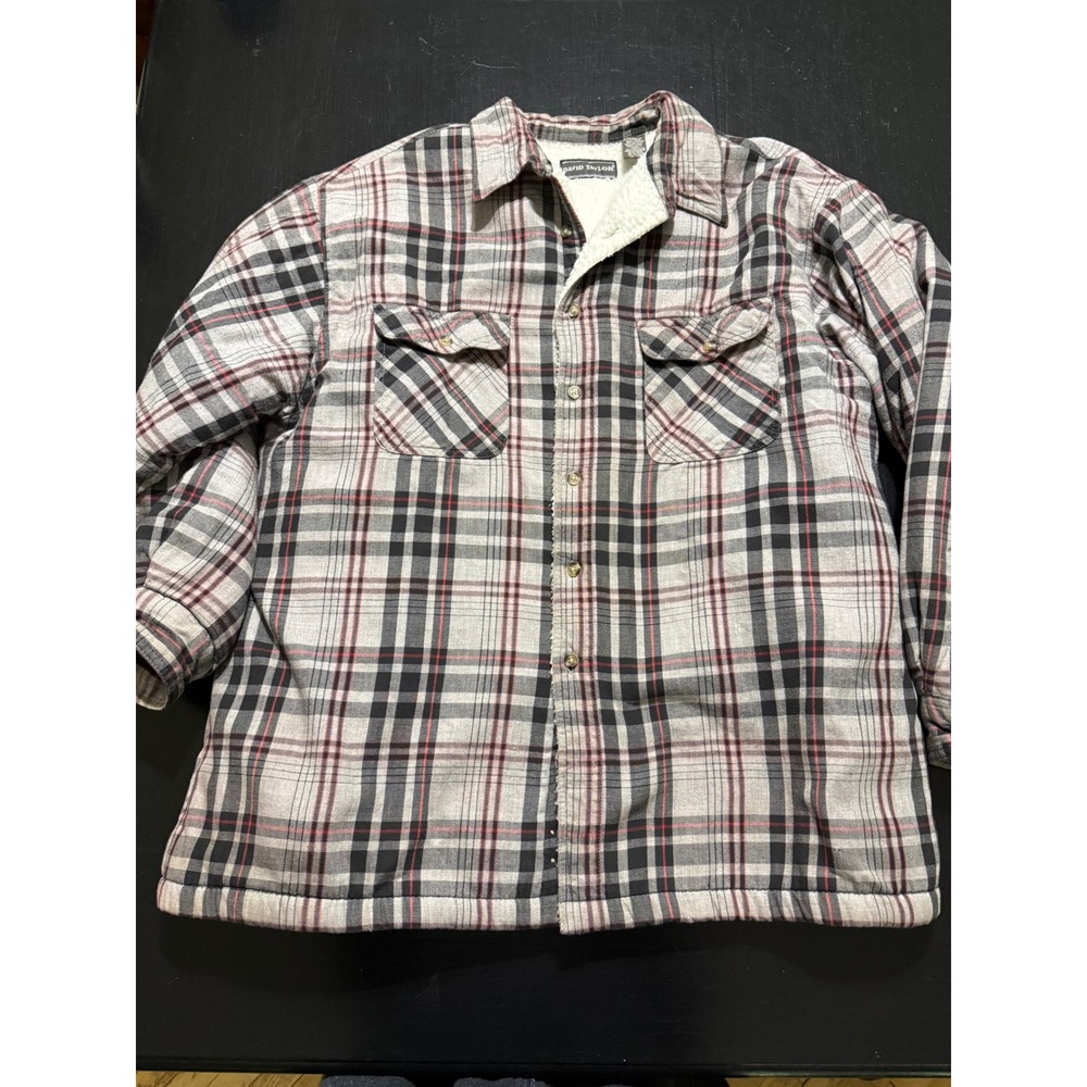 David Taylor Mens XL Sherpa Lined Flannel Shirt Jacket Grey Red Plaid Heavy